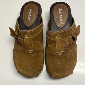 Skechers Women's Wooden Clog Platform Brown Suede Leather Slip On US 8